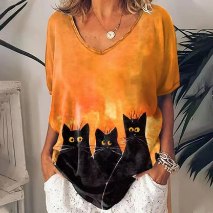 Fashion Woman Blouses 2022 T-shirt Women's 3d Cats Print Black Kawaii V-neck T Shirt Female Clothing Oversized Summer Tops Tees
