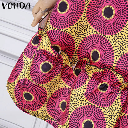 VONDA Bohemian Dress Women Printed Sleeveless Summer Sundress 2025 Loose Casual Ruffled Party Vestidos Oversized Mid-Calf Robe