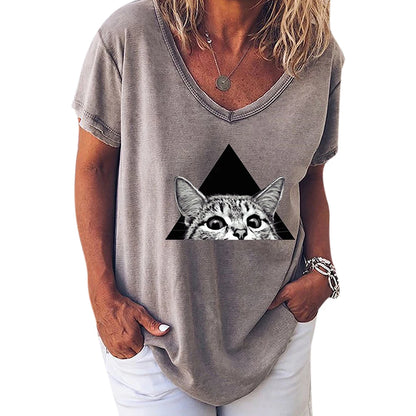 Fashion Woman Blouses 2022 T-shirt Women's 3d Cats Print Black Kawaii V-neck T Shirt Female Clothing Oversized Summer Tops Tees