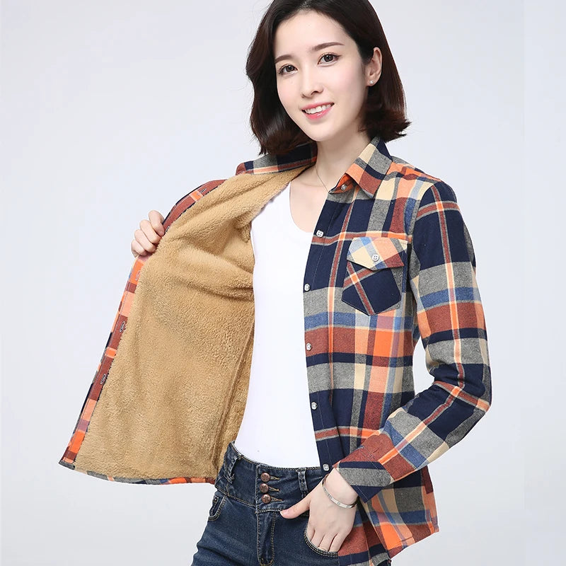 Shop Women's Warm Plaid Shirt Coat - Casual Fleece Velvet Jacket