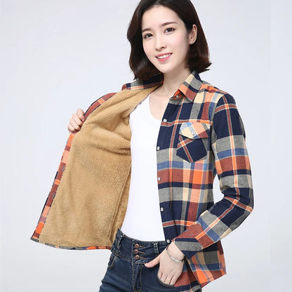 Shop Women's Warm Plaid Shirt Coat - Casual Fleece Velvet Jacket