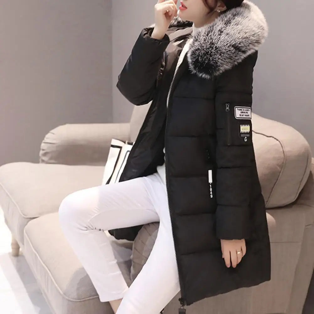 Warm Winter Coat Windproof Hooded Winter Cotton Coat with Zipper Pockets for Women Thickened Padded Mid Length Down Coat Warm