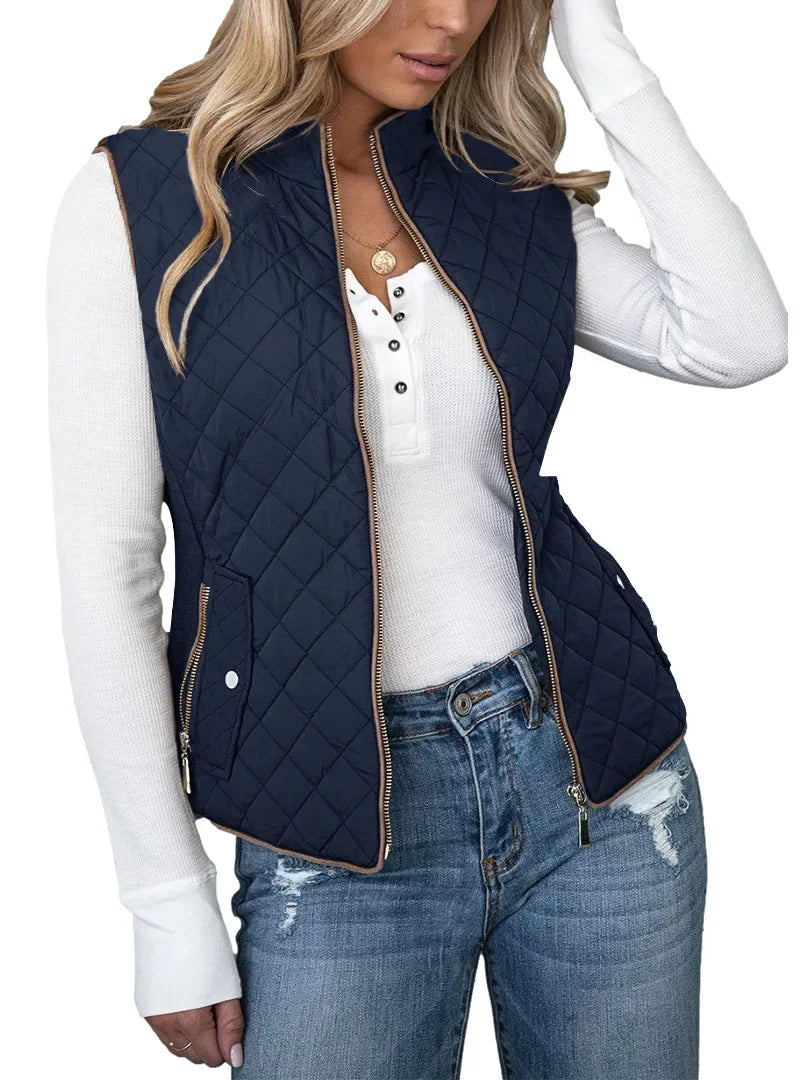 Women's 2023 New Autumn Winter Chic Line Stand Collar Zipper Pocket Cotton Vest Solid Color Slim Coat