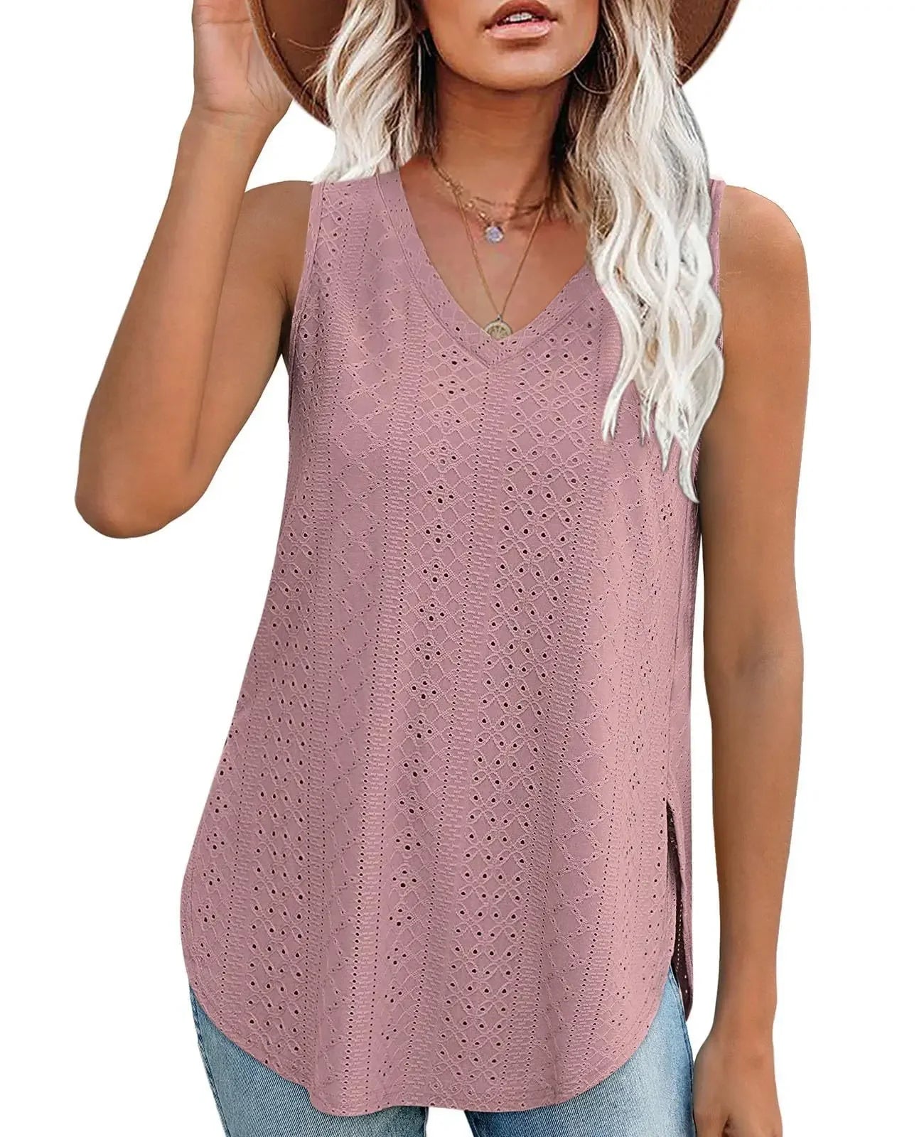 Spring Summer New Pure Color V-neck Slit T-shirt Vest Women Cross-Border Independent Station Sleeveless Polyester Fiber