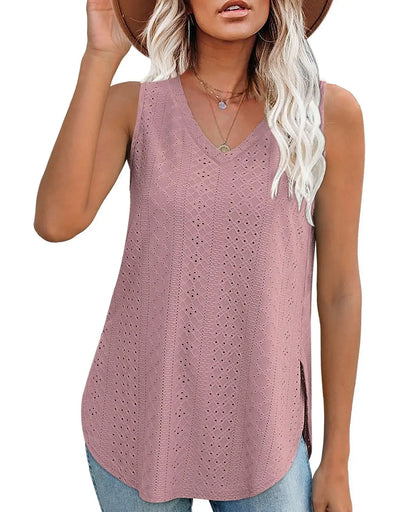 Spring Summer New Pure Color V-neck Slit T-shirt Vest Women Cross-Border Independent Station Sleeveless Polyester Fiber