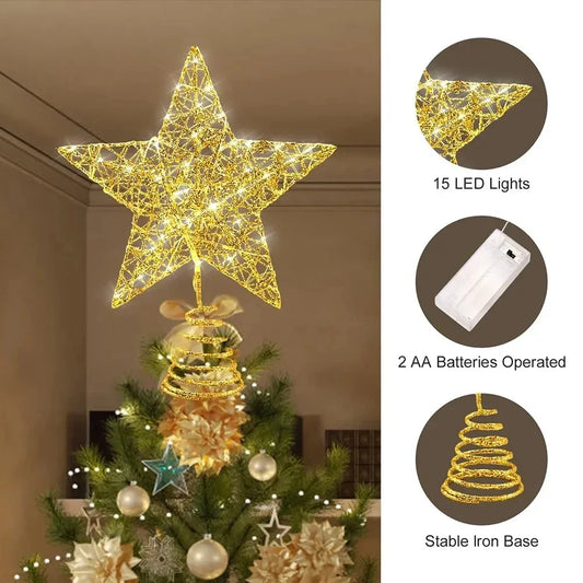 Iron Glitter Christmas Tree Topper Star with LED Copper Wire Lights Merry Christmas Tree Decor for Home Navidad Ornaments