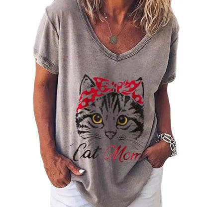 Fashion Woman Blouses 2022 T-shirt Women's 3d Cats Print Black Kawaii V-neck T Shirt Female Clothing Oversized Summer Tops Tees
