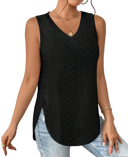 Spring Summer New Pure Color V-neck Slit T-shirt Vest Women Cross-Border Independent Station Sleeveless Polyester Fiber