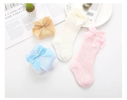 Summer Mesh Baby Girls Socks Cute Big Bows Soft Cotton Elastic White Red Newborn Stockings Knee High Long for Toddler Socks