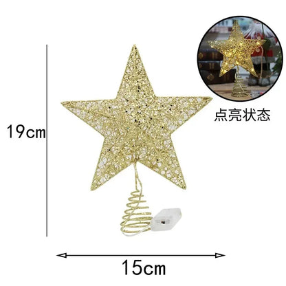 Iron Glitter Christmas Tree Topper Star with LED Copper Wire Lights Merry Christmas Tree Decor for Home Navidad Ornaments