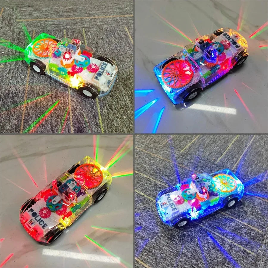 Light Up Transparent Gears Police Car Toy for Kids Bump and Go Toy Car for Boys Girl Educational Baby Toys Car Music LED Effects