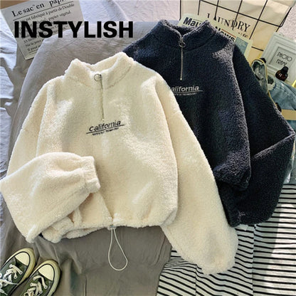 Shop Women's Fleece Cropped Hoodie - Embroidered Stand Neck Sweatshirt