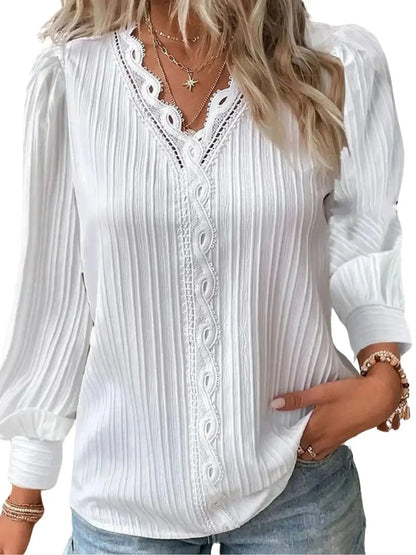 Shop Elegant V-Neck Lace Chiffon Shirt for Women - Stylish Lantern Sleeve Top