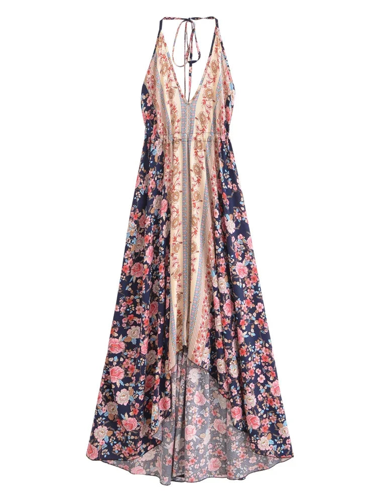 Happie Queens Women Wild Floral Open Back Sexy High-Low Beach Bohemian Dress Lady Tassel Strapless Vacation Summer Boho Dress