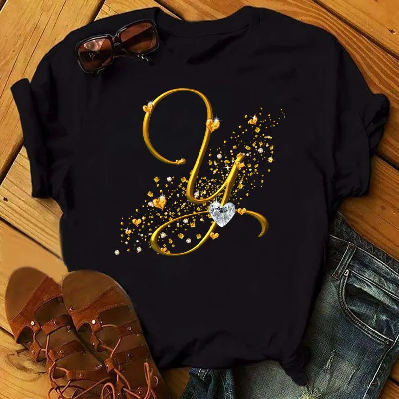 Custom Name Letter Combination Fashion Women T-shirt Diamond Gold Letter Font A B C D E F G Short Sleeve Tops Black T-shirt