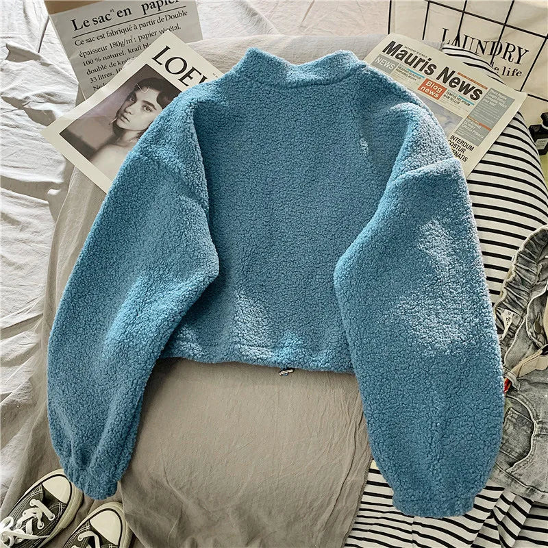 Shop Women's Fleece Cropped Hoodie - Embroidered Stand Neck Sweatshirt