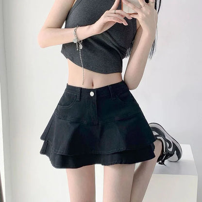 DEEPTOWN Vintage Denim Skirt Shorts Women Summer Korean Fashion High Waist A-line Slim Cute Sexy Mini Jean Ruffle Skirt Female