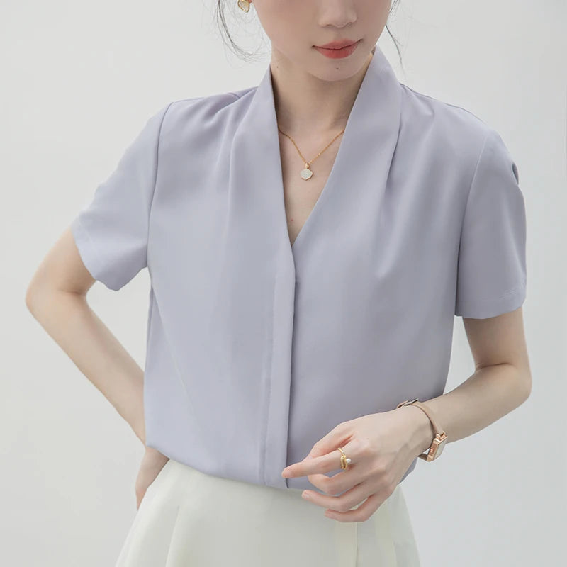 2025 Fashion Summer Short Sleeve V-Neck Women Blouse White Blouse Shirt Women Tops Blouses Shirts Blusas Para Mujer Camisas XL86