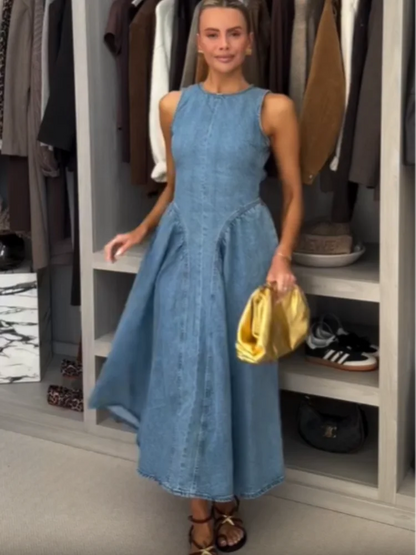 Fashion Solid Long Denim Vestidos Women Sleeveless OffShoulder Lace Up Backless Square Neck Jeans Dresses 2025 Chic Street Wear