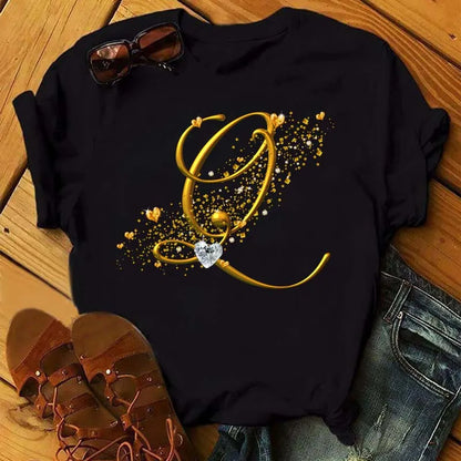 Custom Name Letter Combination Fashion Women T-shirt Diamond Gold Letter Font A B C D E F G Short Sleeve Tops Black T-shirt