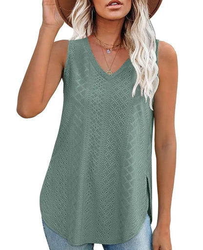 Spring Summer New Pure Color V-neck Slit T-shirt Vest Women Cross-Border Independent Station Sleeveless Polyester Fiber