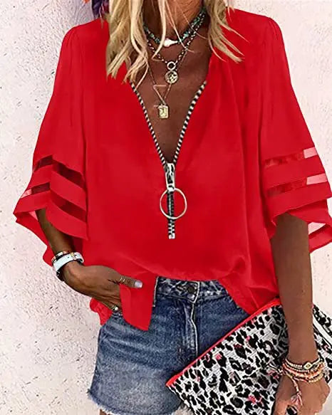 Women's Casual Loose V-neck Half-flat Sleeve Blouse 2025 Spring Summer Tops Streetwear Ladies Spliced zipper Solid Shirts