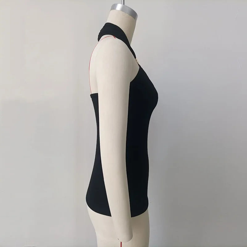 TARUXY Sexy Hollow Metal Ring Crop Top Women Halter Tanks Black Off Shoulder Short Vest Female Summer Slim Backless Streetwear