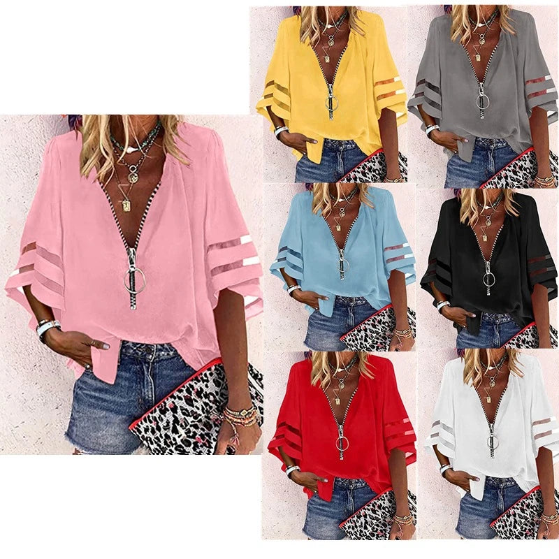 Women's Casual Loose V-neck Half-flat Sleeve Blouse 2025 Spring Summer Tops Streetwear Ladies Spliced zipper Solid Shirts