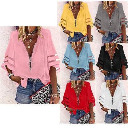 Women's Casual Loose V-neck Half-flat Sleeve Blouse 2025 Spring Summer Tops Streetwear Ladies Spliced zipper Solid Shirts