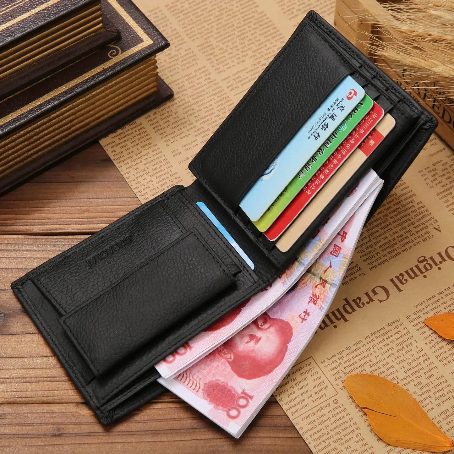 Genuine Leather Mens Wallet Premium Product Real Cowhide Wallets For Man Short Black Walet Portefeuille Homme Short Purses