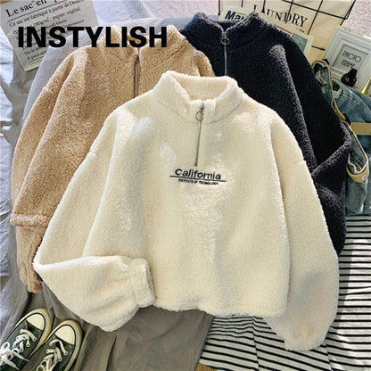 Shop Women's Fleece Cropped Hoodie - Embroidered Stand Neck Sweatshirt