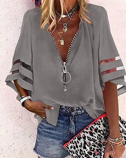 Women's Casual Loose V-neck Half-flat Sleeve Blouse 2025 Spring Summer Tops Streetwear Ladies Spliced zipper Solid Shirts