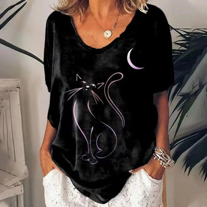 Fashion Woman Blouses 2022 T-shirt Women's 3d Cats Print Black Kawaii V-neck T Shirt Female Clothing Oversized Summer Tops Tees