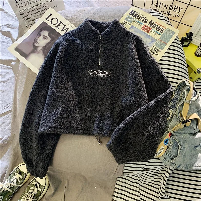 Shop Women's Fleece Cropped Hoodie - Embroidered Stand Neck Sweatshirt
