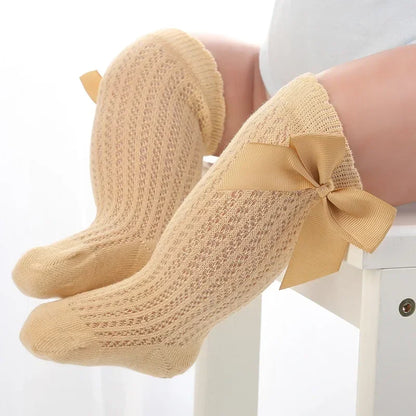Summer Mesh Baby Girls Socks Cute Big Bows Soft Cotton Elastic White Red Newborn Stockings Knee High Long for Toddler Socks