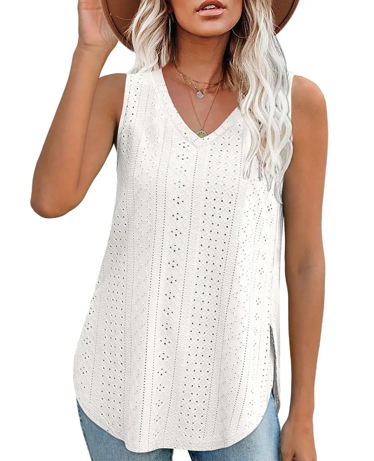 Spring Summer New Pure Color V-neck Slit T-shirt Vest Women Cross-Border Independent Station Sleeveless Polyester Fiber