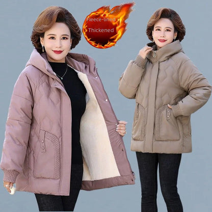 Stylish Thickened Cotton-padded Fleece-lined Jacket For Middle-aged Elderly Women Warm Winter Coat