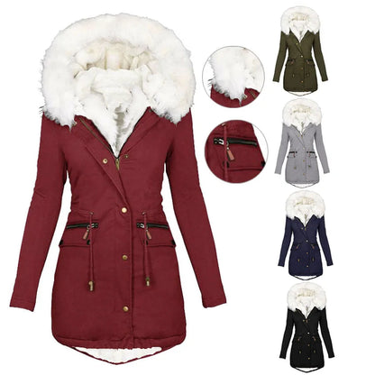 2024 Autumn and winter pie overcome women plus fleece waist cotton-padded coat white fur collar hooded warm coat European size l