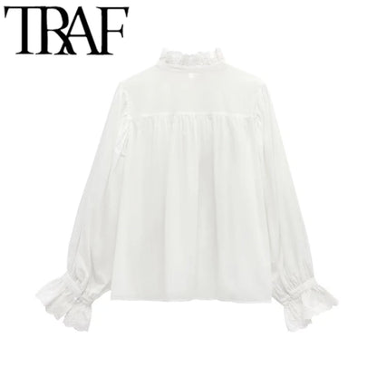 TRAF 2025 Woman Fashion Casual Breathable Hollowed Out Embroidered Top Slim Single Breasted Shirts Spring