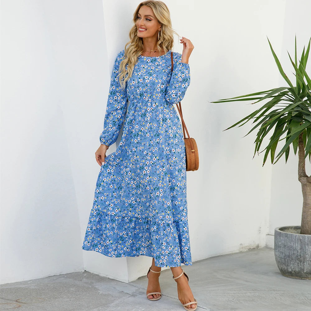 sping Summer Bohemian Women Maxi Dress Casual Long Sleeve High Waist Beach Woman Chiffon Dresses Floral Vestidoes Mujer New