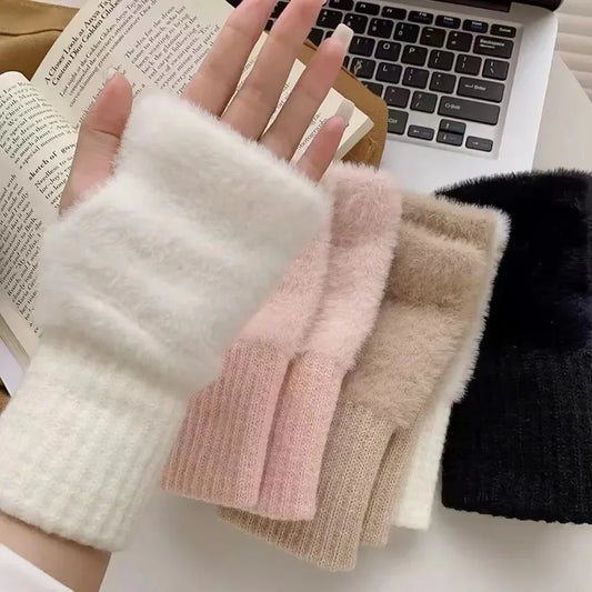 New Mink Fleece Half Finger Gloves for Women's Soft Winter Warmth Luxury Solid Color Plush Knitted Fingerless Gloves