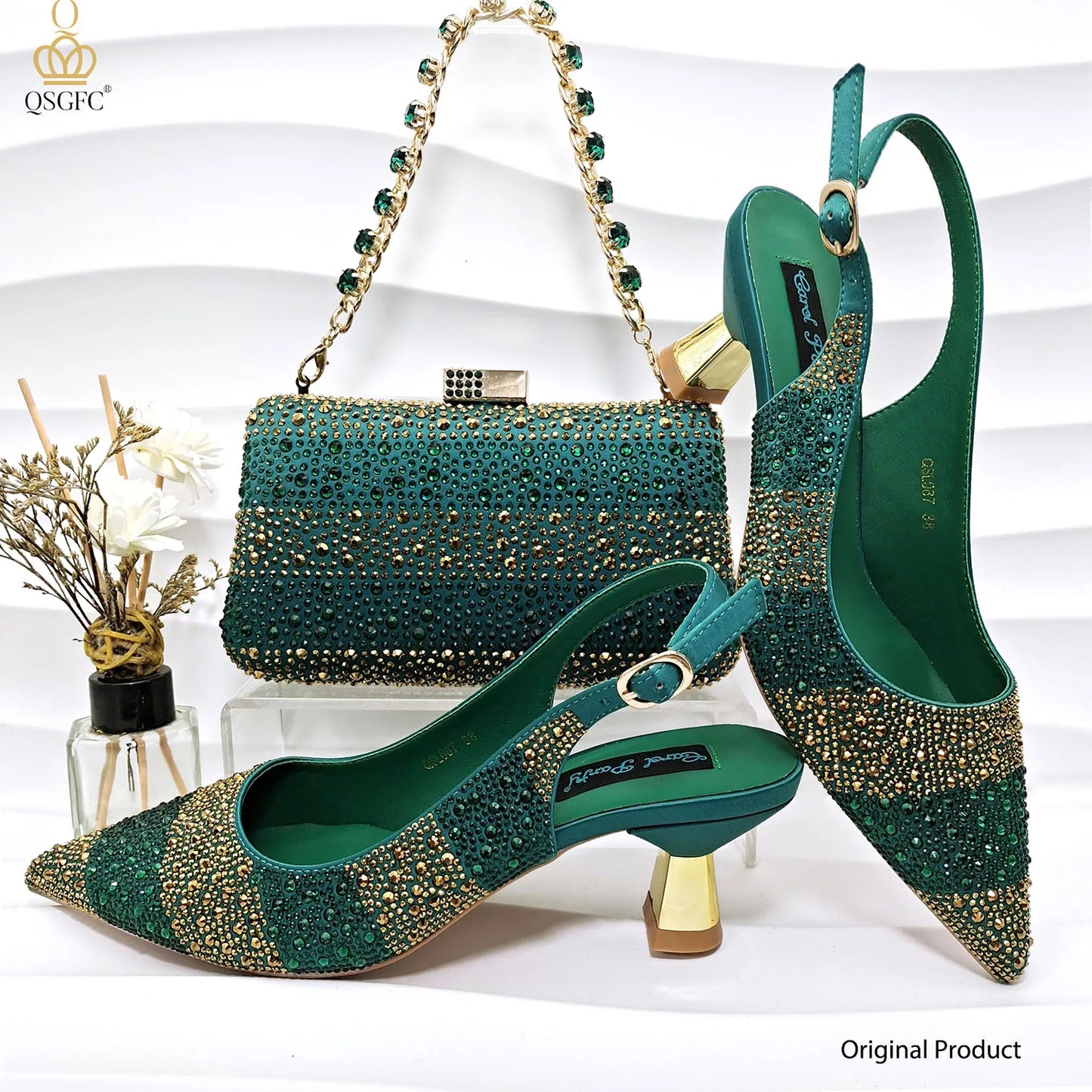 Stylish Ladies' Green Heel & Purse Set