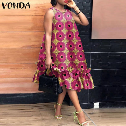 VONDA Bohemian Dress Women Printed Sleeveless Summer Sundress 2025 Loose Casual Ruffled Party Vestidos Oversized Mid-Calf Robe