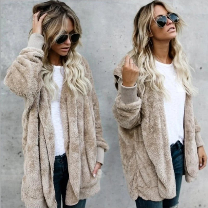 Shop Cozy Fleece Hooded Cardigan - Women's Plush Oversized Jacket