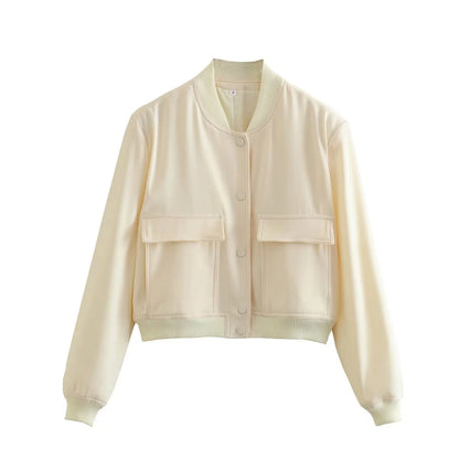 Shop Women's White Bomber Jacket - Cropped, Long Sleeve, Button-Up for Autumn/Winter