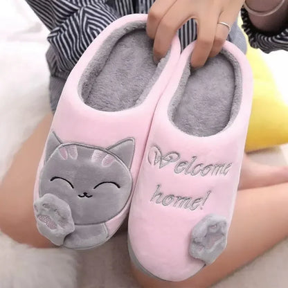 Women Winter Warm Slippers Cartoon Cat Shoes Furry Plush Slides Round Toe Flats