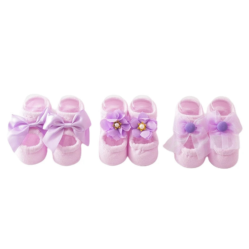 3 Pairs Baby Girl Ankle Socks Lace Bow Infant Anti Slip Socks Newborn Princess Pearl Low Cut Socks Children Home Floor Shoes