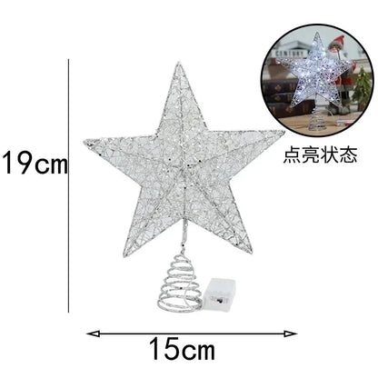 Iron Glitter Christmas Tree Topper Star with LED Copper Wire Lights Merry Christmas Tree Decor for Home Navidad Ornaments