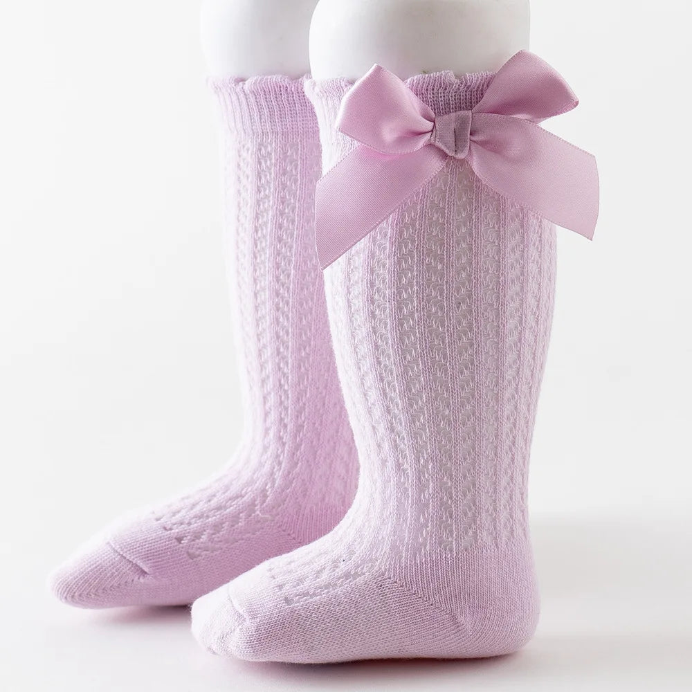 Summer Mesh Baby Girls Socks Cute Big Bows Soft Cotton Elastic White Red Newborn Stockings Knee High Long for Toddler Socks