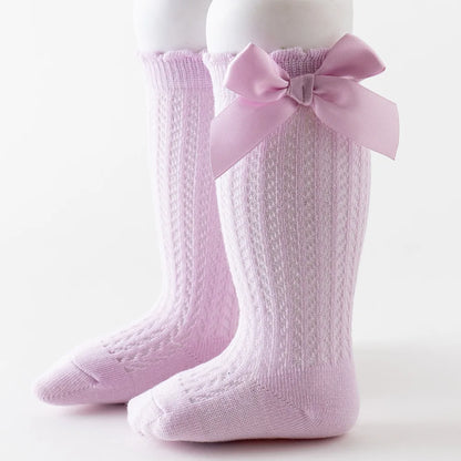Summer Mesh Baby Girls Socks Cute Big Bows Soft Cotton Elastic White Red Newborn Stockings Knee High Long for Toddler Socks